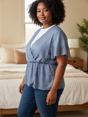 SHEIN Blue Dotted Wrap Peplum Blouse